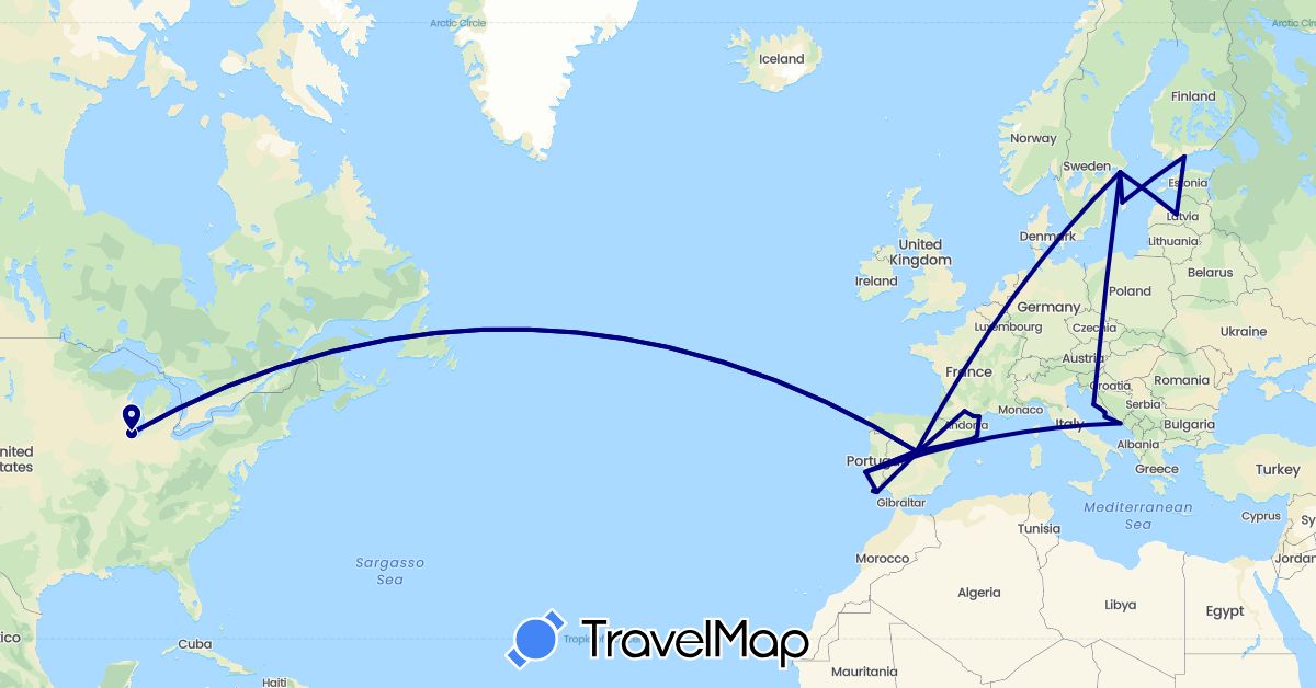 TravelMap itinerary: driving in Estonia, Spain, Finland, France, Croatia, Latvia, Portugal, Sweden, United States (Europe, North America)